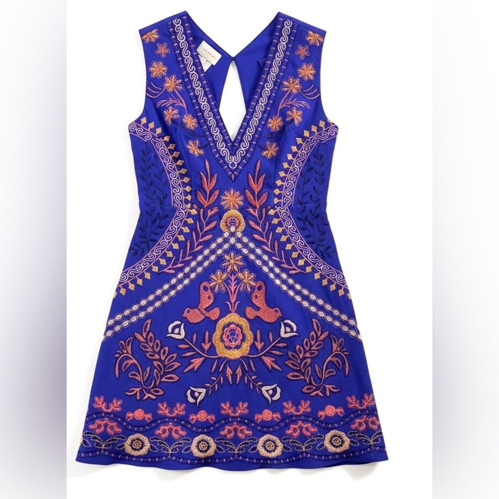 Foxiedox Embroidered Mini Dress XS Floral Fitted V Neck Festival Wedding Guest